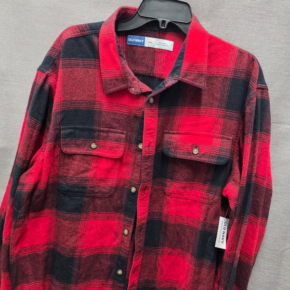 NEW Old Navy Mens XXL Red Black Buffalo Plaid Double-Brushed Flannel Shirt